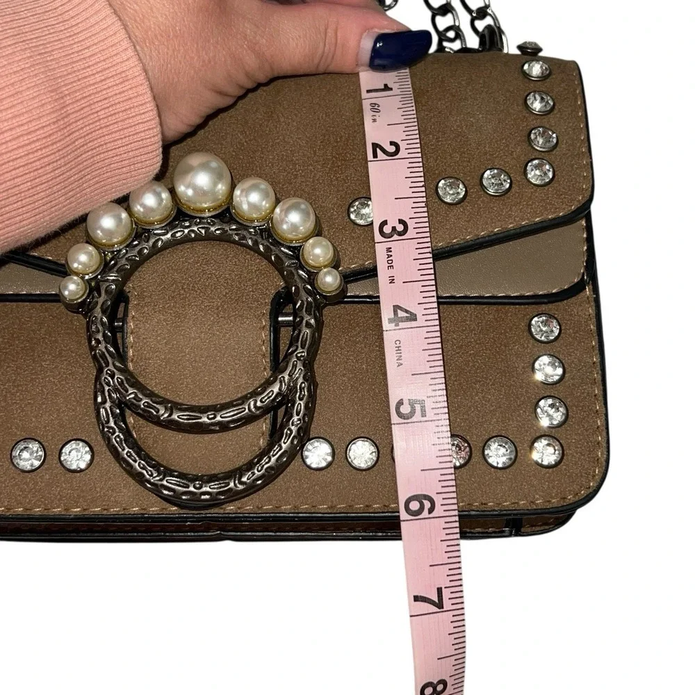 Unbranded Faux Suede Shoulder Bag Rhinestone Pearl Detail Chain Strap Brown Boho